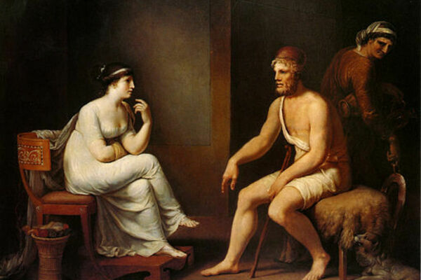 oil painting of man and woman in traditional Greek dress, seated in conversation