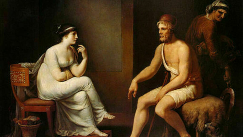 oil painting of man and woman in traditional Greek dress, seated in conversation