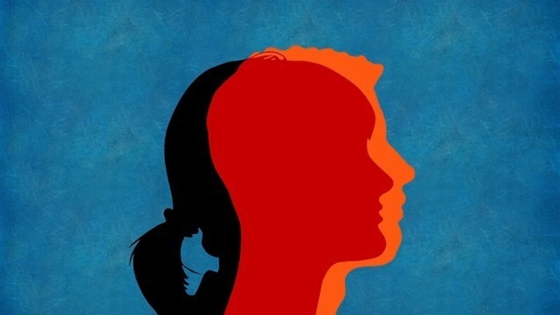 overlapping silhouettes of red, orange, and black that suggest masculine and feminine gender identities