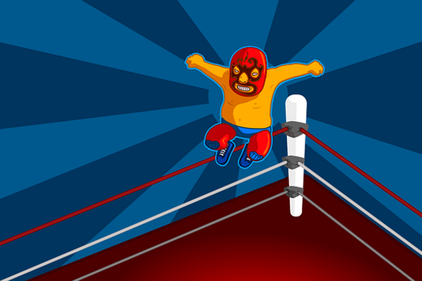 cartoon image of masked, shirtless wrestler jumping with apparent force from corner of ring