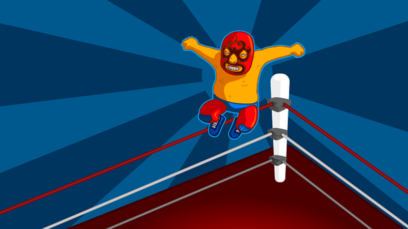 cartoon image of masked, shirtless wrestler jumping with apparent force from corner of ring