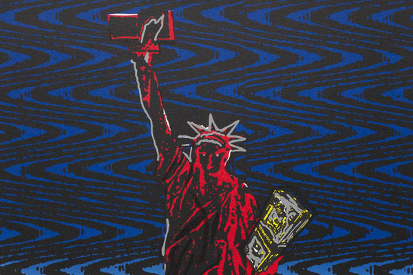 The Statue of Liberty colored red on a blue and black banded background. Below her feet are images of dollar bills, a human target, and abstract patterns and shapes.