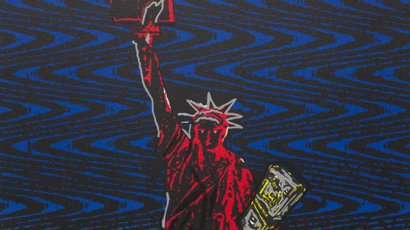 The Statue of Liberty colored red on a blue and black banded background. Below her feet are images of dollar bills, a human target, and abstract patterns and shapes.