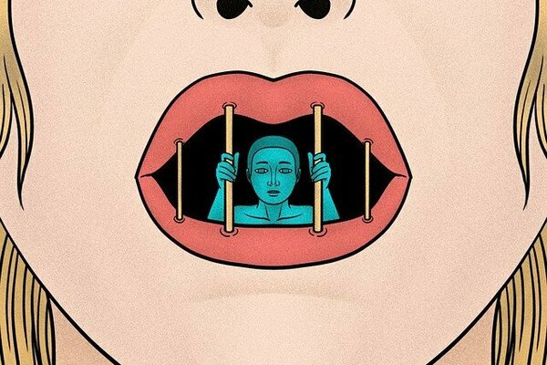 Cartoon image of a woman inside of a woman's mouth behind bars from lip to lip implying she is trapped inside of the mouth.