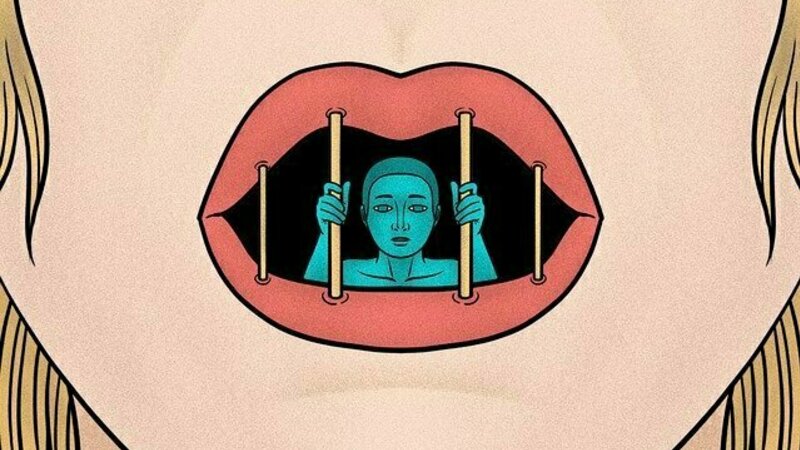 Cartoon image of a woman inside of a woman&#39;s mouth behind bars from lip to lip implying she is trapped inside of the mouth.