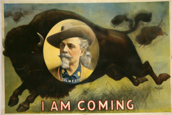 Poster showing Cody's portrait over an image of a bison jumping.