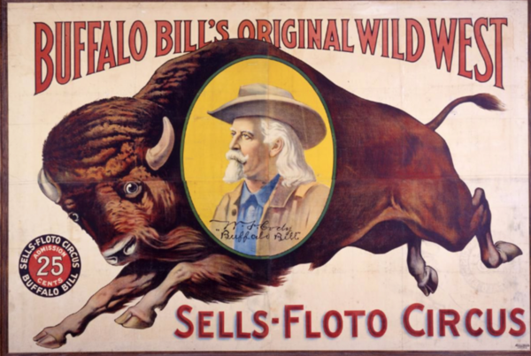 Buffalo Bill's Original Wild West poster showing portrait of Buffalo Bill and a jumping bison