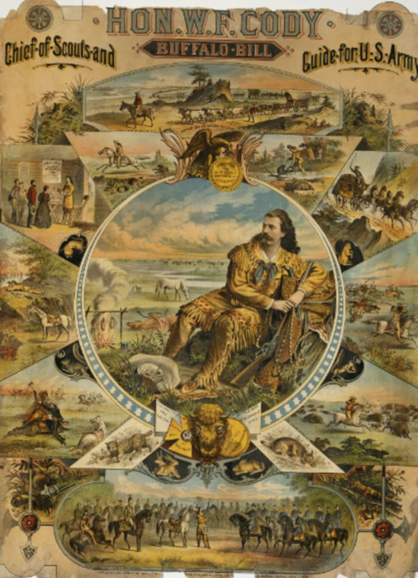 Poster with image of Buffalo Bill surrounded by paintings depicting the "Wild West"