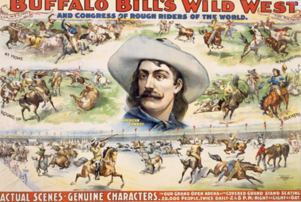 Poster showing portrait of Buffalo Bill's bust surrounded by paintings of cowboys on bucking horses