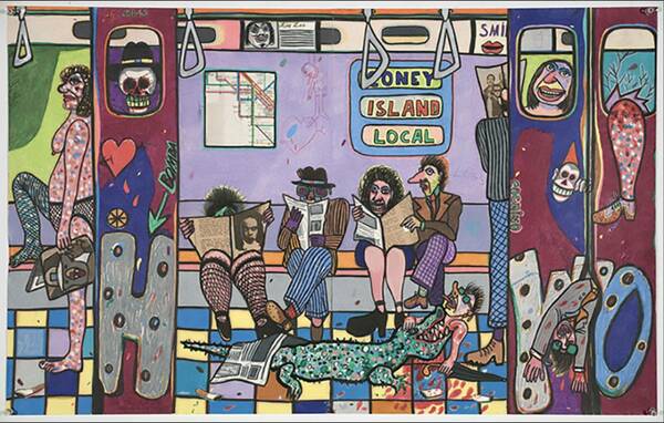 Luis Cruz Azaceta's Coney Island Local; brightly colored drawing of people in a subway train