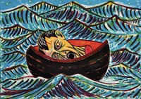 Luis Cruz Azaceta's The Crossing; image of severed head, screaming, in a boat on water