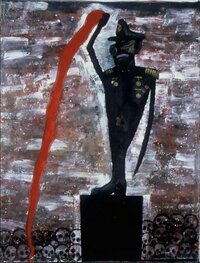 Luis Cruz Azaceta's The Dictator; image of shadowed figure in abstract, with uniform hat and boot, with blood-like stream from his hand