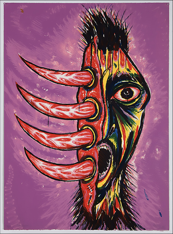 Luis Cruz Azaceta's The Scream; brightly colored image of half of person's face screaming; the other half is four spiky horns