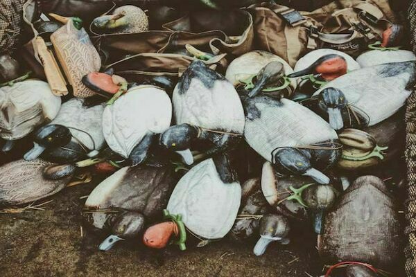 a pile of duck decoys