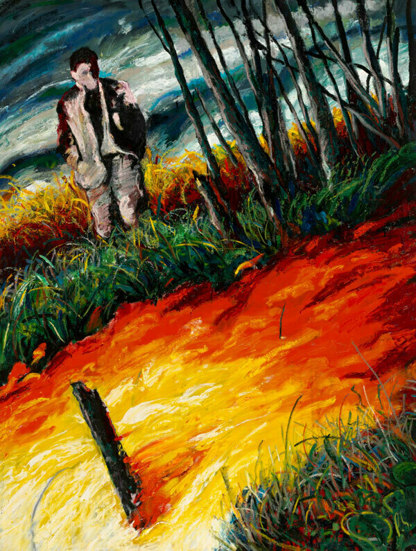 A painting that shows a man looking at a field on fire