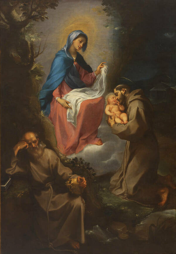 The Virgin Mary watching St. Francis as he cradles the Christ child with another Franciscan in the lower left corner