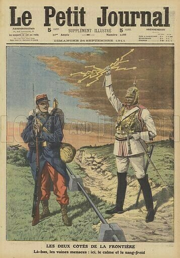 Two soldiers depicted standing across enemy lines