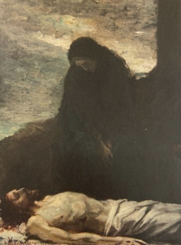The Blessed Virgin looking down on her deceased son.