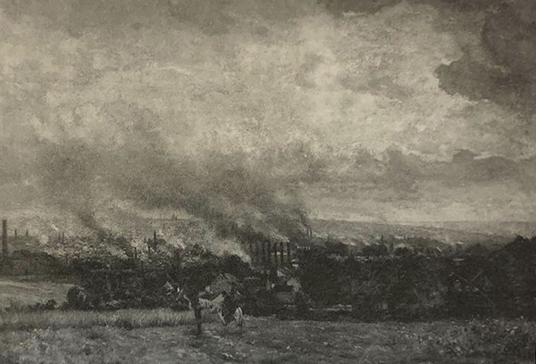 a view of a town in the distance with smoke rising from factories