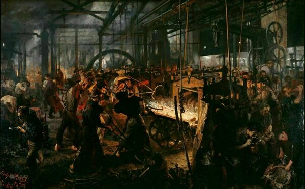 a large group of people working at a forge in an iron mill