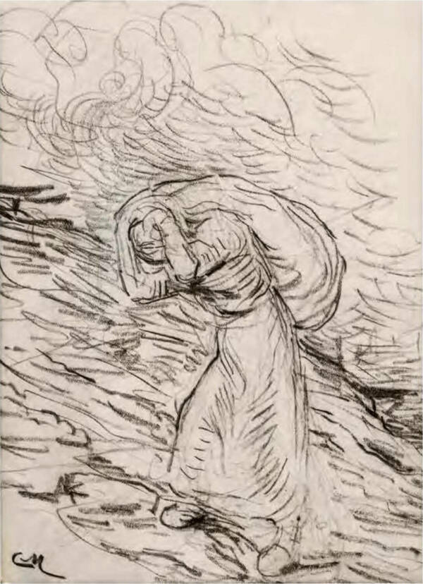 a sketch of a woman hunched over while carrying a sack of coal up a hill