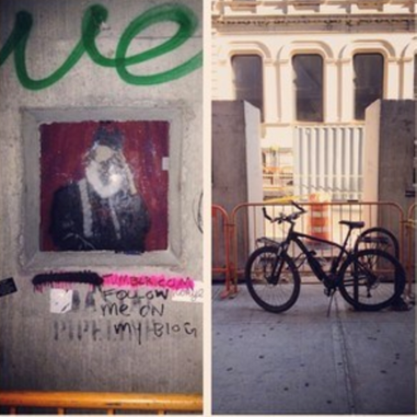A split image of a priest and a bike outside a building