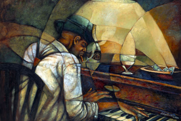 A painting of an African American man playing a piano