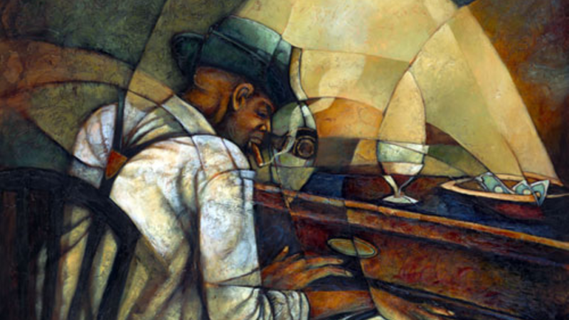 A painting of an African American man playing a piano