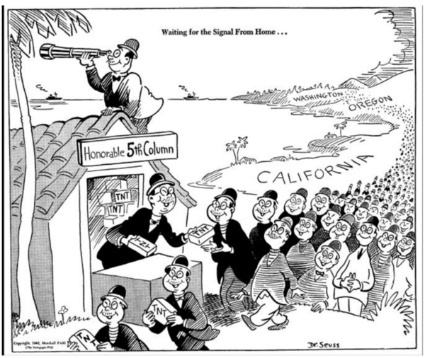 War cartoon depicting Japanese immigrants collecting boxes of TNT