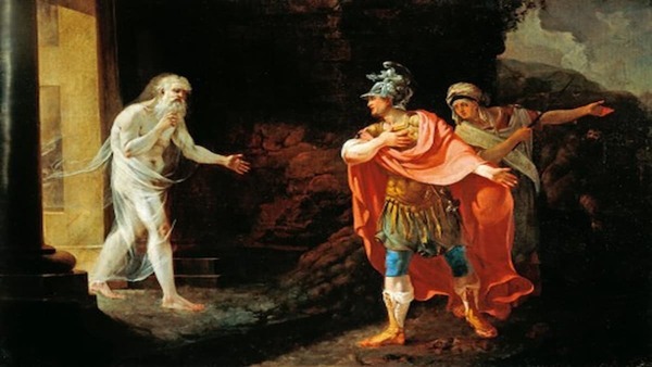 a ghostly old man emerging from a doorway to the left encountering a younger man in ancient garb with a woman behind him.