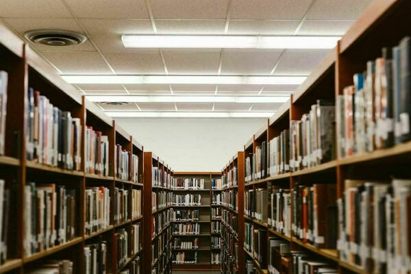 Two stacks of books in a library, on the left and the right, with lights overhead