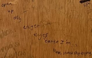 lyrics of the song "Mr. Brightside" written on a desk