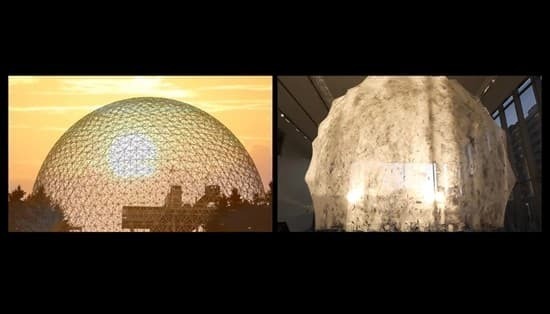 a split screen of two different domes with light shining through each one