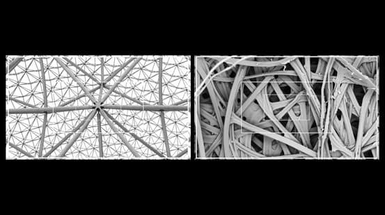 a split screen of two zoomed in shots inside two domes, revealing their structure in black and white