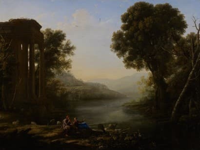 a painting of a group of people on a riverbank with trees on either side of the river