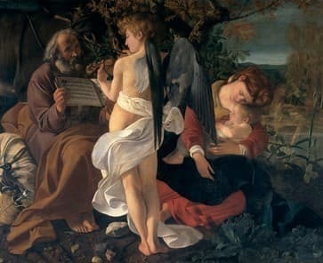 a painting of the Holy Family at rest while a standing angel reads a book held by Joseph and Mary cradles the Christ Child