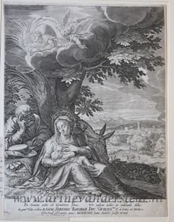 a black and white engraving of the Holy Family at rest under a tree with an angel above them