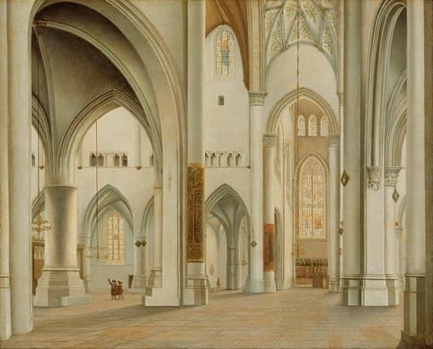 a painting of the white stone interior of a large church with arches, a stained glass windows, and two figures standing under an arch in the lower left hand corner